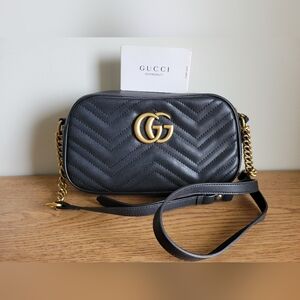 Gucci Black and Gold Crossbody Bag with Chevron Quilting